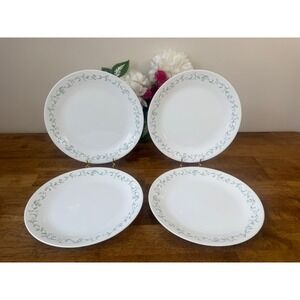 Vintage Corelle Country Cottage Dinner Plates Set 4‎ Green Floral Border Retro